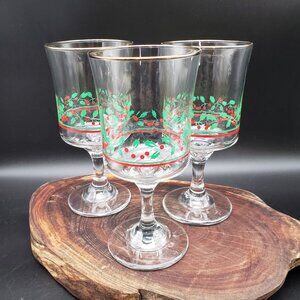 Set of 3 Arby’s Holly Mistletoe Glass Goblets Gold Rim Holiday 1980s VTG